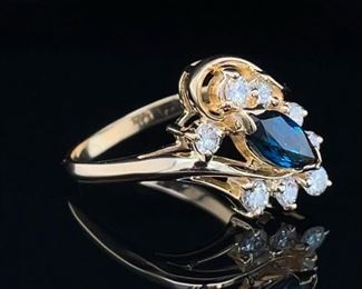 Vintage Sophistication! Marquise Sapphire & Diamond Trellis Bypass Cluster Ring in 14k Yellow Gold Estate