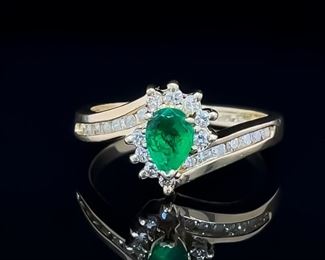 Emerald Elegance! Estate Pear Natural Emerald & Diamond Cluster Bypass Ring in 14 Yellow Gold