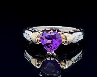 Rich Purple Color! 1.08ctw Amethyst Heart & Diamond 14k Two-Tone Gold Estate Ring