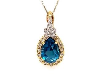 Enchanting! 0.95ctw Blue Topaz & Diamond Halo Leaf Pendant Necklace in 14k Two-Tone Gold