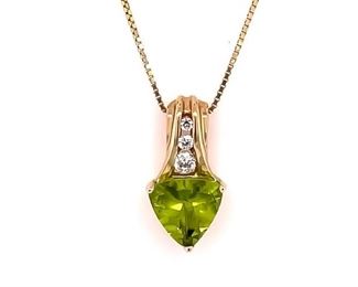 Vibrant Green Color! Triangle Peridot & Diamond Drop Pendant Necklace in 10k Yellow Gold