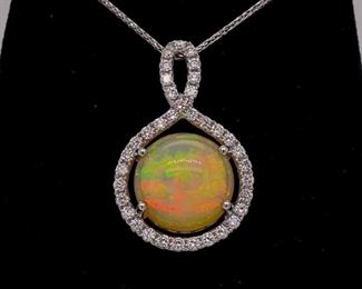 Designer Stamped Estate Firey Opal & Diamond Round Halo Pendant Necklace in 14k White Gold