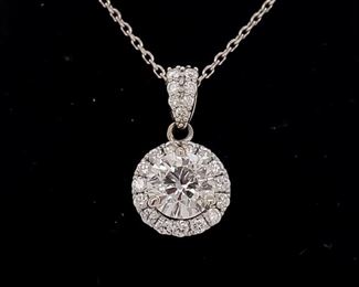 Vintage Inspired 1.20 Carat Diamond Halo Pendant Necklace in 14k White Gold Estate