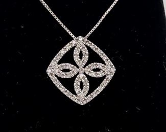 Dazzling! Estate 1/4 Carat Diamond Filigree Square Clover Slide Pendant in 14k White Gold