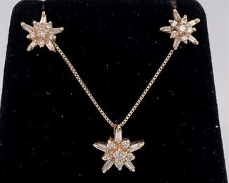 Sparkly Diamond Cluster Minnesota Snowflake Studs & Pendant Necklace Estate Set in 14k Yellow Gold