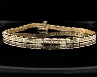 1.70ctw Diamond 2-Stone Channel Bar Link Tennis Bracelet in 14k Yellow Gold Estate