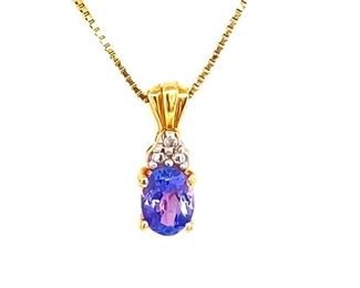 Estate Oval Tanzanite & Diamond Cluster Drop Pendant Necklace in 10k Yellow Gold