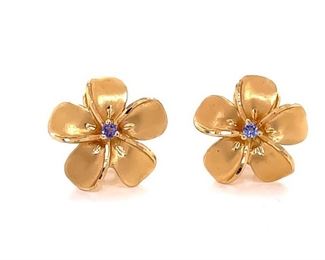 Estate Treasures! Blooming Plumeria Tanzanite Stud Earrings in 14k Yellow Gold