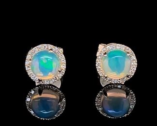 Mesmerizing and Elegant! Welo Opal & Diamond Halo Stud Earrings in 14k Yellow Gold