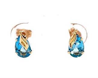 Nature Inspired! Raindrop Pear Blue Topaz Leaf Stud Earrings in 10k Yellow Gold