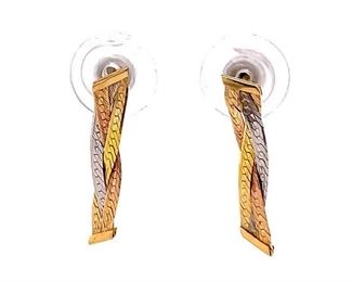 Retro Shiny Tri-Color Gold Woven Herringbone Dangle Earrings in 14k Gold Estate