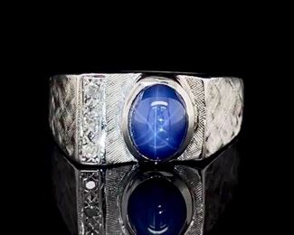 Estate Dynasty! Star Sapphire & Diamond Square Top Textured Checkerboard Ring in 14k White Gold