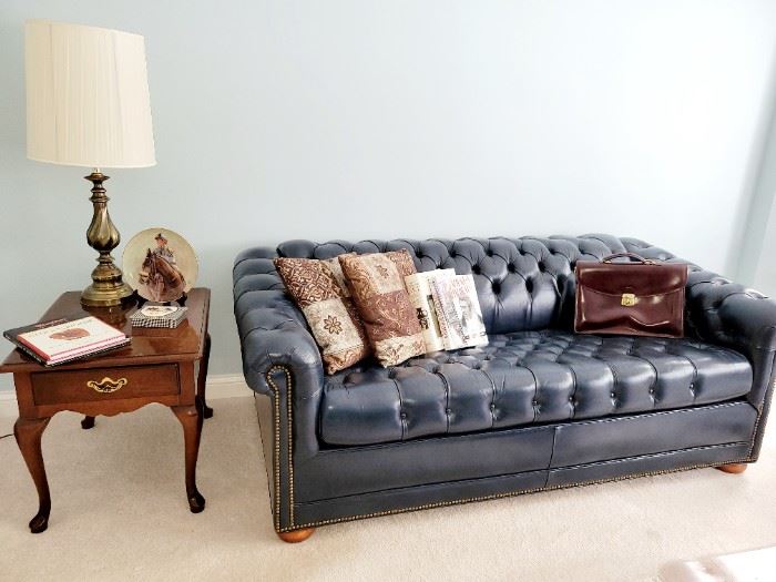 Leather, Chesterfield Style  Sofa, Sleeper Sofa, Excellent condition. Leather brief case, nightstands, lamps