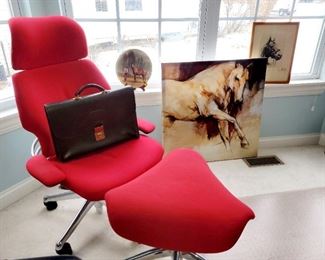 Humanscale, office chairs, with Humanscale saddle stool,  leather brief case. art, 