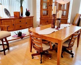 Kitchen / Dining room set, All matching, China Cabinet, buffet / server, & table w/ leaves, Chairs are optional with table. Nice rolling arm chair, height adjustable game chairs