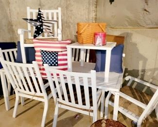 Patio Furniture, Table w/ 6 chairs, Telescope Casual, white metal patio set, with cushions. 