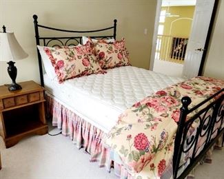 Full, Wrought Iron Bed, Nightstand, linens.  Eddie Bauer linens