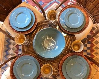 Set of blue Italian crafted dishes from Pier One, service for eight. Several nice sets of dishes offered