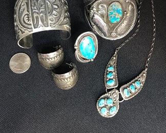 "Old Pawn" style vintage Native American sterling silver and turquoise jewelry