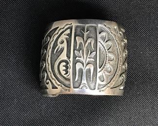 An exceptional Hopi Native American solid sterling silver cuff in an overlay technique signed J. Yellowhorse