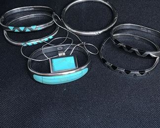 Mexico artisan signed sterling silver jewelry with channel set turquoise and onyx 