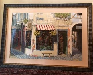 “Rue Pascal” by Viktor Shvaiko, embellished serigraph on linen, custom framed, 35” high by 50” wide 