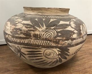 Antique “Black-On-White” handmade, coil built, terra cotta pot with floral motif, 8” high by 11 1/2” in diameter 