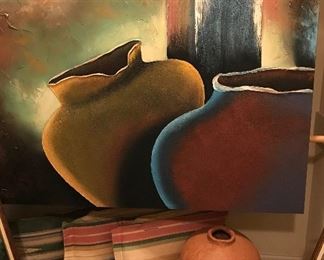 Massive scale oil painting of clay pots, 4’ x 5’ 