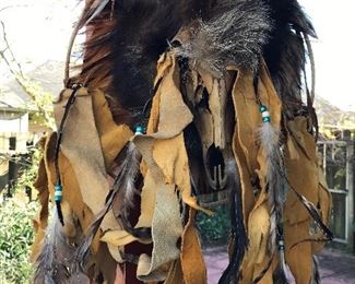 Native American Navajo mandala crafted with fur, rawhide, doeskin, deer skull, and prayer feathers. Used in ceremonies and rituals for rejuvenation of mind, body and heart. 
