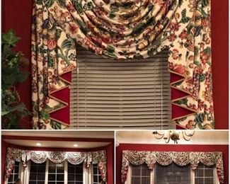 Bay window draperies, lamps, sofa, drop leaf end tables.
Window treatments Single width 38”x 40” long - three windows 114” wide - 2 regular window and one wide 122” wide  Best offers 