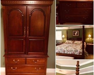 Cherry Pennsylvania house king size poster bedroom set. Night stand chests and armoire, mattress, lamps, artworks 
Best offers
King Size Bedroom Set
83” wide x 87” tall at bedpost x 92” long x 35” at top of mattress from floor
Side Chests (2)
41.5” wide x 22.5” deep x 31” high
TV Cabinet
44” wide x 79” high x 22.5” deep
Cream Fabric Bench
43” wide