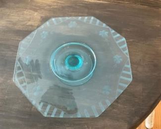 Blue depression glass footed cake plate