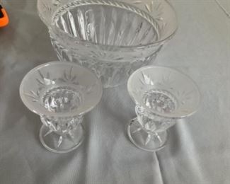Cut glass bowl with two matching candle holders