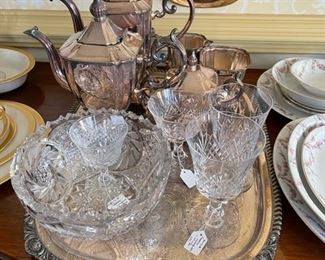 Silver-plated tea service, cut glass