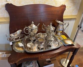 Inlay game table, Wallace plated pitcher and gravel boat, Hall marked tea service