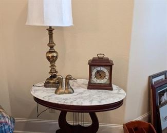Antique marble topped oval table, Hamilton Carriage Clock 