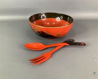 Japanese Serving Bowl and Utensils
One matching set of dark red/orange and black with Japanese design serving bowl and serving utensils. All pieces are stamped with Made in Japan. All pieces show wear. Bowl has nicks on the rim and obvious wear on the base edge. Bowl measures 3.5"Hx8"W.