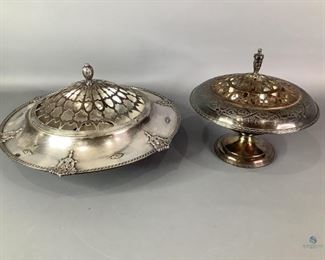 Vintage Silver Plated Serving Dishes
Includes an antique Baroque Wallace footed server with pierced lid and an antique Victorian Wallace Brothers silver plated candy dish with lid.