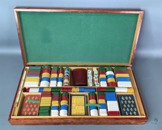 Vintage Game Box
Game box with cards and colorful multi-colored playing pieces. Box is green fabric lined.