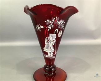 Fenton Red Vase
Red Fenton glass vase with hand painted Little Bo Peep type design. Signed by Sue Jackson and has Fenton sticker on the side. 8"HX6"W, no visible cracks or chips.