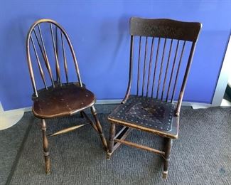 Vintage Chairs
Includes a vintage rocking chair with a leather nailhead seat ( seat is damaged) and a vintage wooden Windsor Hoop back dining/ side chair.