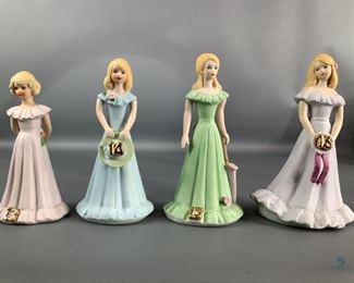 	
Enesco Older Birthday Girls
Set of four (4) Enesco Growing Up Birthday Girls, years 13 through 16. Tallest is 7"H, no visible cracks or chips. All have marking of the Growing Up stamps on the bottom.