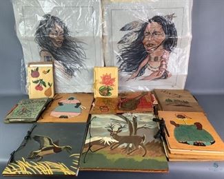 Handmade Wood Covered Scrapbooks & Needle Point Art
Includes eleven (11) wood covered scrapbooks and two (2) Native American inspired needle point prints.