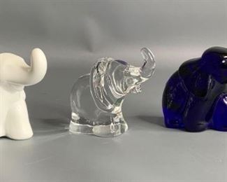Glass Elephants
Three Glass Elephants: Clear is Stolzle Kristall Austria, the other two are not marked. Approximately 3" each.