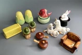 Vintage Salt and Pepper Shakers
Bunny and Hat; Fish and Bowl; Butter and Corn: Unicorns; an Easy Chair; Two wooden Pots; and two sitting men from Mexico. Used condition.