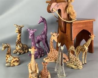 Giraffe Statuettes
Include different types, sizes, and colors of Giraffes and a vintage horse chair.