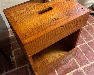 Bell Systems lineman’s “Butt box” toolbox, step stool, seat. Oak and brass, perfect condition. 