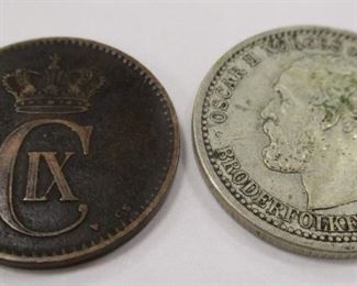  RARE DATE NORWAY AND DENMARK COINS: 1895 NORWAY 50 ORE OSCAR II .600 SILVER. A DENMARK 1876 2 ORE BRONZE COIN