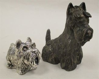 TWO CAST HOLLOW STERLING SILVER SCOTTIE DOG FIGURES. TALLEST I8S 3". WEIGHT 4.39 TROY OUNCES