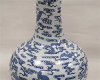 CHINESE BLUE & WHITE PORCELAIN BOTTLE TOP VASE. HAND PAINTED BLUE UNDER GLAZE IMAGES OF BATS FLYING AMONGST CLOUDS. 13.75" TALL